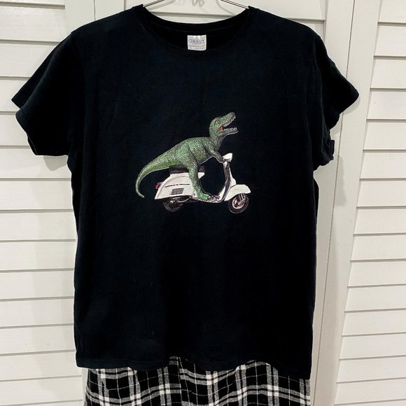 CafePress Funny Dinosaur Scooter T-Shirt Plaid Pants Pajama Set Size Medium - Picture 1 of 10